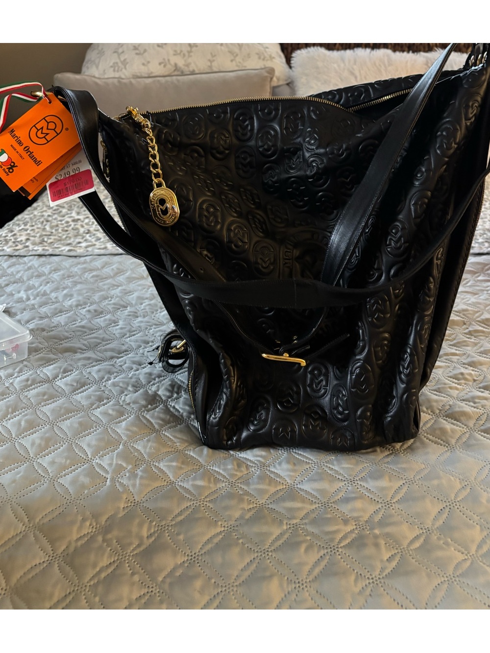 Marino Orlandi Black Embossed Leather Shoulder Bag with Gold Accents
